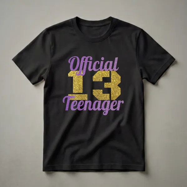 Purple and gold glitter graphic tee with the words "Official Teenager" and the number "13" for a 13th birthday celebration.