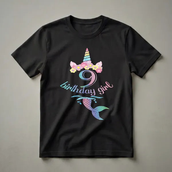 Black t-shirt graphic featuring a rainbow unicorn horn with flowers, the number 9 in watercolor, and a mermaid tail with water splashes, for a 9th birthday girl.