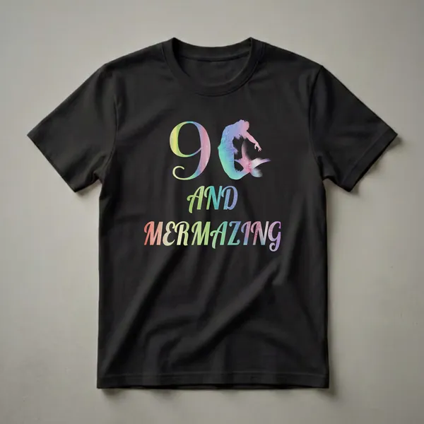 Black t-shirt with the number 9 and a mermaid silhouette in rainbow watercolor, and the text "AND MERMAZING" in rainbow watercolor.