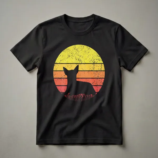 Black silhouette of a Chihuahua dog lying down against a distressed circular sunset with yellow, orange, and red stripes, on a black t-shirt.