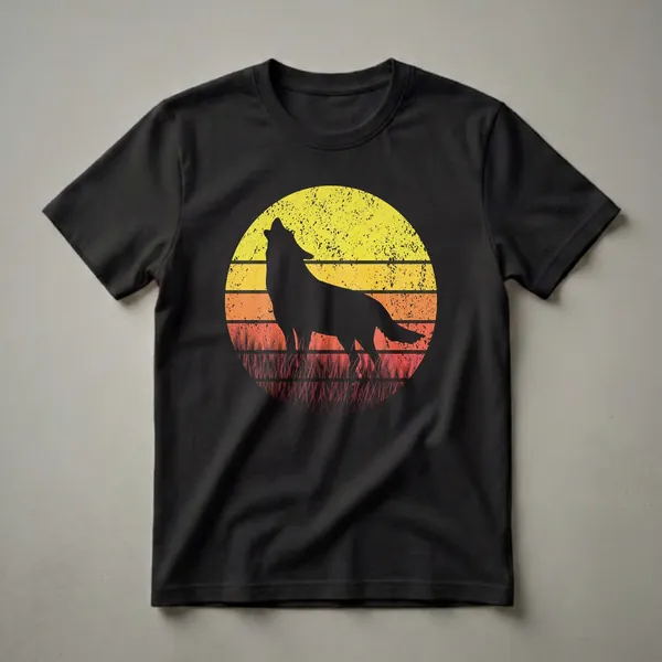 Black silhouette of a wolf howling in grass against a retro sunset with yellow, orange, and red stripes. This vintage graphic t-shirt is a gift for dog lovers.