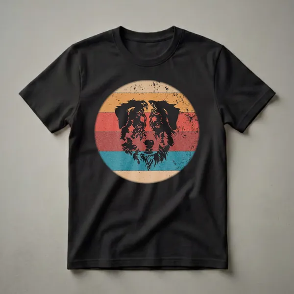 Black Australian Shepherd dog face silhouette against a vintage retro sunset with orange, red, and teal horizontal stripes, on a t-shirt.