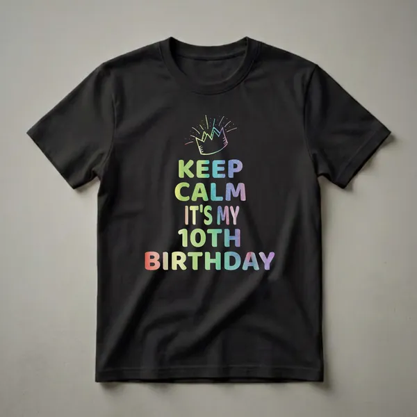 Black t-shirt featuring the phrase 'Keep Calm It's My 10th Birthday' in rainbow-colored watercolor letters, with a hand-drawn rainbow-lined crown at the top.