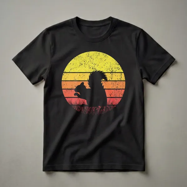 Black silhouette of a squirrel against a distressed circular sunset with yellow, orange, and red stripes, on a black t-shirt.