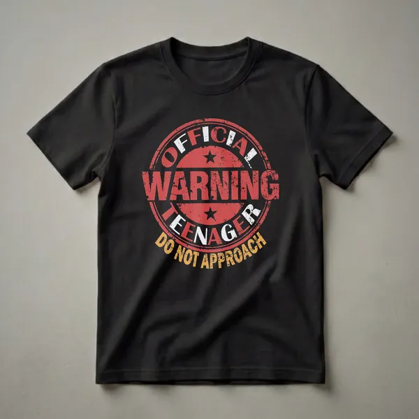 Black t-shirt with a distressed circular stamp graphic that reads 'Official Warning Teenager Do Not Approach' in red, white, and yellow lettering.