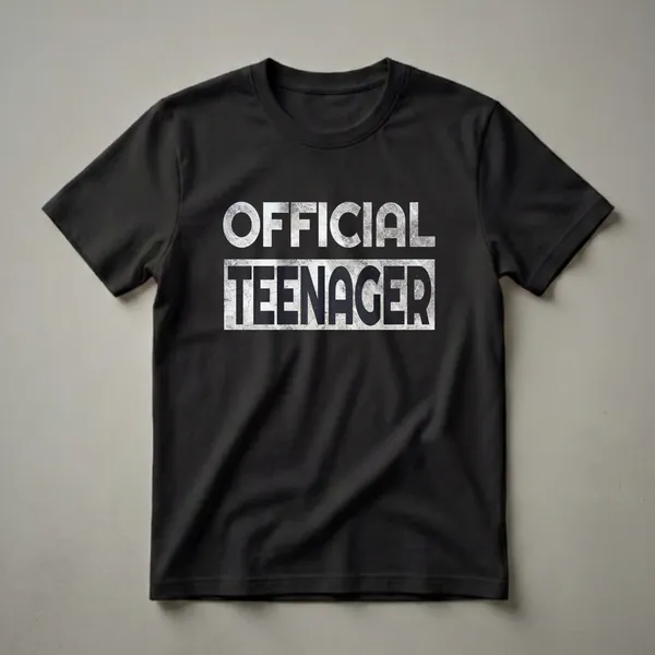Black t-shirt with white distressed text 'OFFICIAL' above black distressed text 'TEENAGER'.