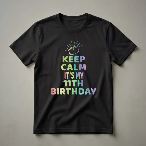 Black t-shirt with colorful text that reads 'KEEP CALM IT'S MY 11TH BIRTHDAY' and a rainbow crown graphic above.