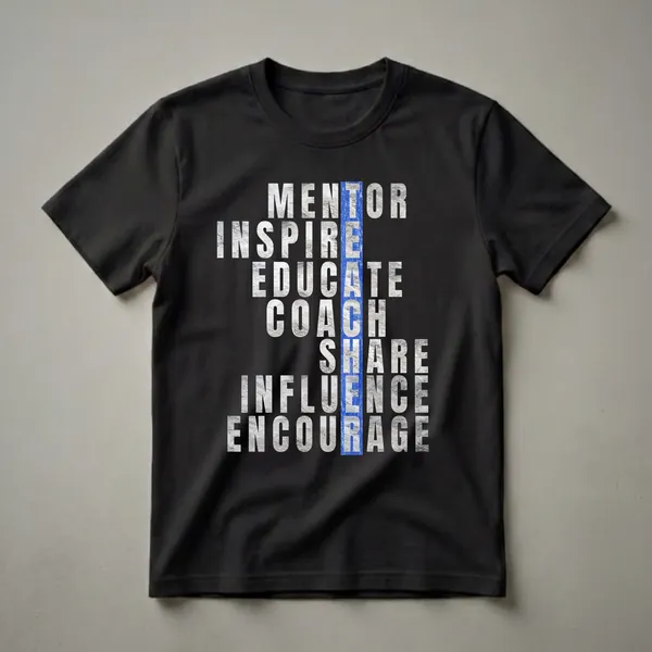 Black t-shirt with white textured letters spelling out Mentor, Inspire, Educate, Coach, Share, Influence, and Encourage, with the word Teacher in blue vertically in the center.