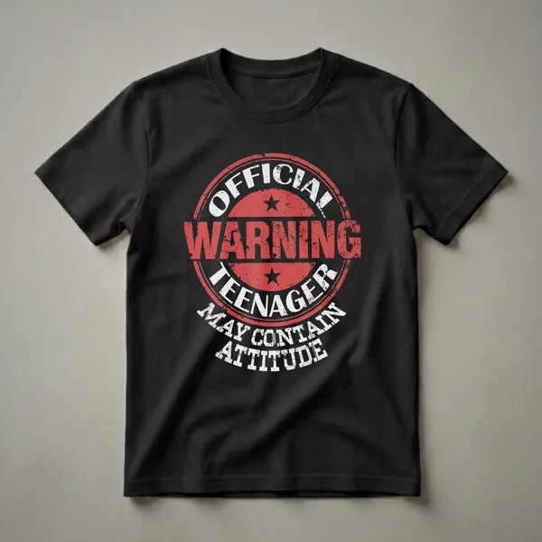 Black t-shirt with a distressed circular graphic featuring red and white text that reads 'Official Teenager Warning May Contain Attitude'.