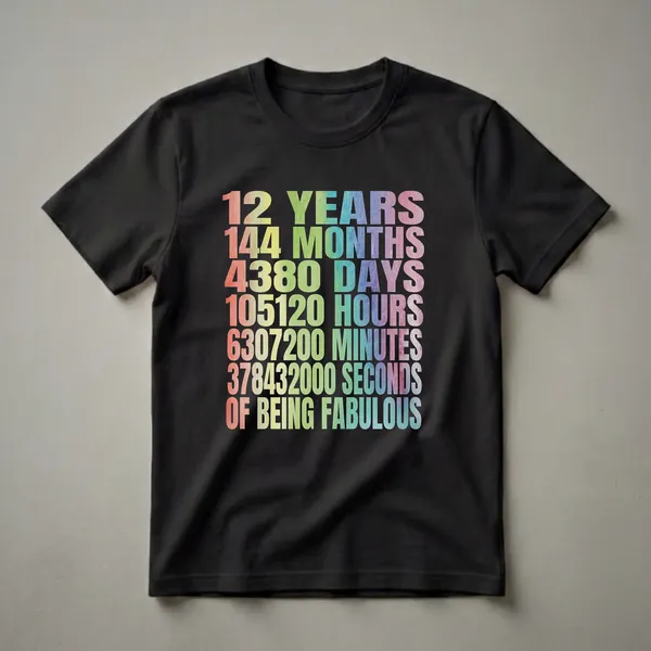 Black t-shirt with colorful watercolor text that reads '12 YEARS 144 MONTHS 4380 DAYS 105120 HOURS 6307200 MINUTES 378432000 SECONDS OF BEING FABULOUS'.