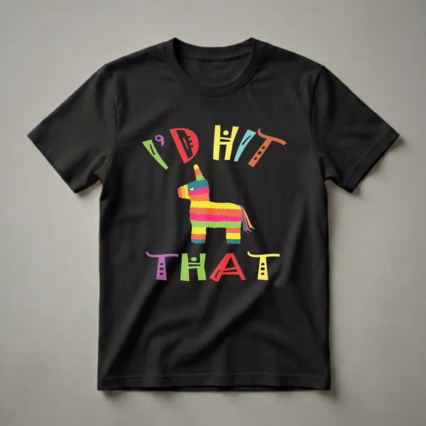 Black t-shirt with a colorful, fringed piñata illustration and multi-colored text that reads "I'd Hit That".