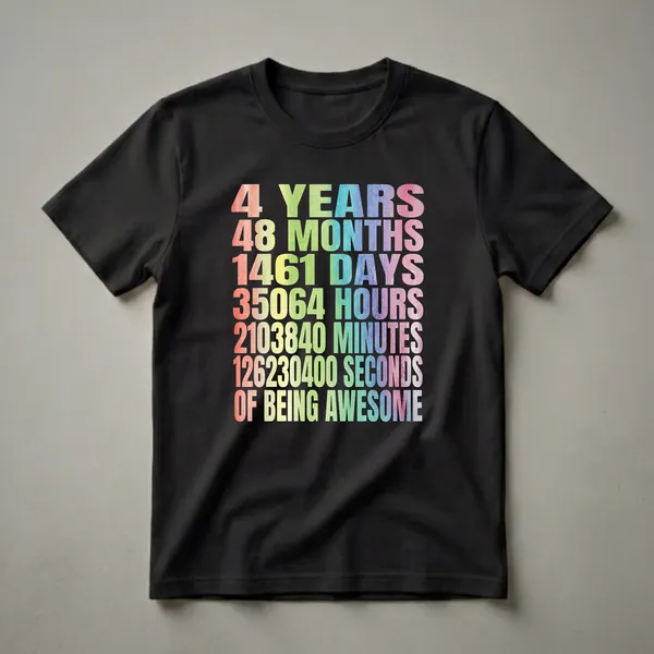 Black t-shirt with large, colorful watercolor text that reads '4 YEARS 48 MONTHS 1461 DAYS 35064 HOURS 2103840 MINUTES 126230400 SECONDS OF FUN'.