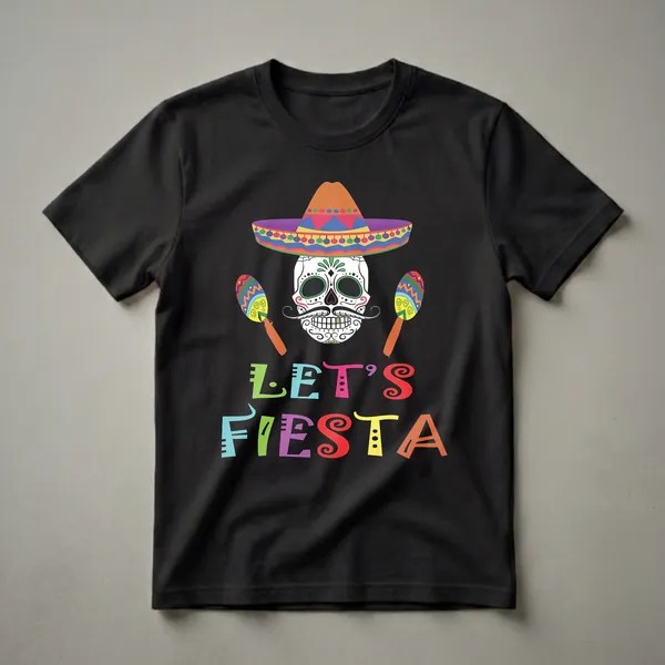 A black t-shirt featuring a colorful graphic of a sugar skull wearing a sombrero and holding maracas, with the text 'LET'S FIESTA' in bold, multi-colored letters below.
