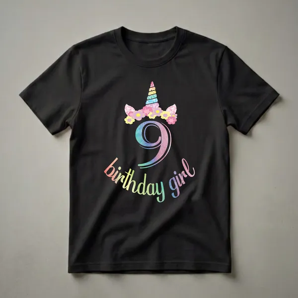 Black t-shirt with a "9th Birthday Girl" graphic featuring a watercolor number 9, a unicorn horn, and a floral crown.