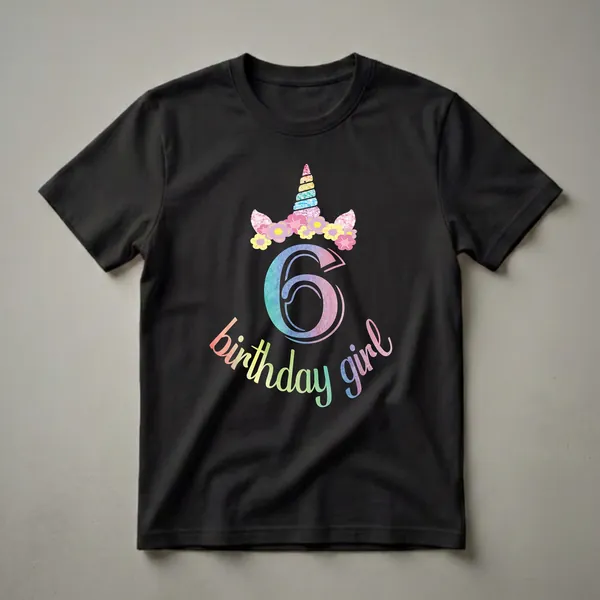Black t-shirt featuring a rainbow unicorn horn with glittery ears and a floral crown, a large watercolor number 6, and the text 'birthday girl' in rainbow watercolor.