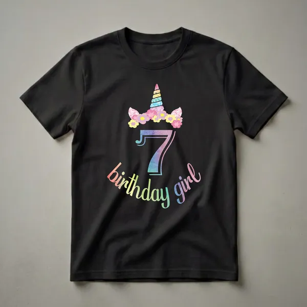 A black t-shirt graphic featuring a rainbow unicorn horn with a floral crown, a large watercolor number 7, and the words 'birthday girl' in rainbow script.