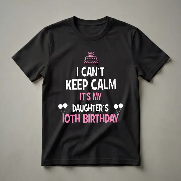 Black t-shirt with white and pink text that reads 'I Can't Keep Calm It's My Daughter's 10th Birthday', featuring a pink birthday cake and two white balloons.