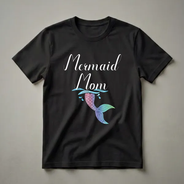 Black t-shirt with white script reading 'Mermaid Mom' above a watercolor mermaid tail graphic in pink, purple, blue, and green.