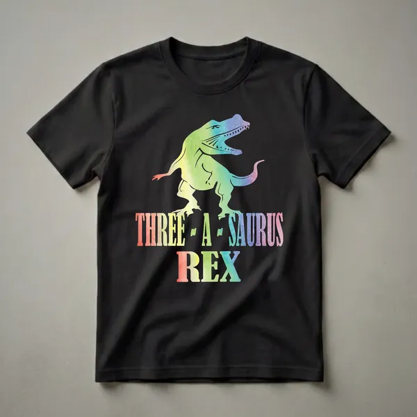 Black t-shirt featuring a watercolor-style Tyrannosaurus Rex in rainbow colors with the text 'THREE-A-SAURUS REX' below it.