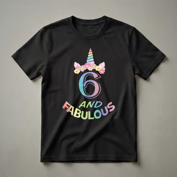 A black t-shirt graphic featuring a rainbow watercolor unicorn horn with a floral crown, the number 6 in watercolor, and the words 'AND FABULOUS' in watercolor.