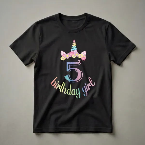 A black t-shirt graphic featuring a rainbow unicorn horn, a floral wreath, the number 5 in watercolor, and the words 'birthday girl' in a colorful script.