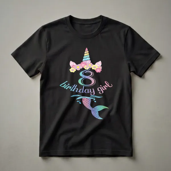 Black t-shirt graphic featuring a rainbow glitter unicorn horn with a floral crown, the number 8 in watercolor, and a mermaid tail with water splashes.