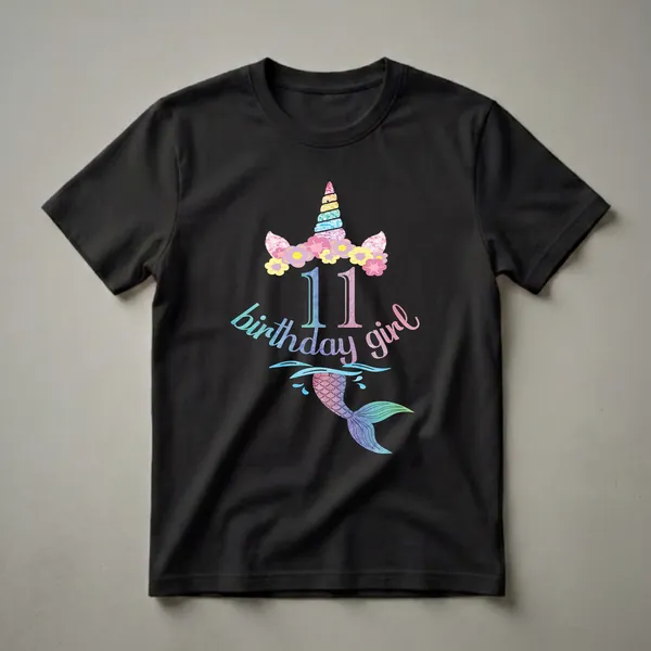 Black t-shirt graphic featuring a colorful unicorn horn and ears with flowers, the number 11, and a mermaid tail with water splashes.