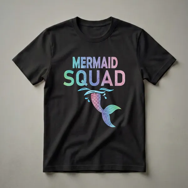 Black t-shirt with colorful watercolor text 'MERMAID SQUAD' and a watercolor mermaid tail with blue water splashes below.