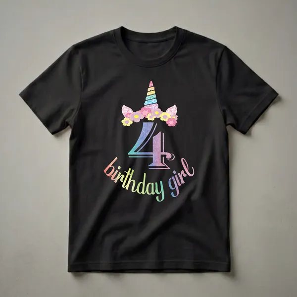 Black t-shirt featuring a rainbow glitter unicorn horn, pastel flowers, a watercolor number 4, and the text 'birthday girl' in rainbow watercolor.