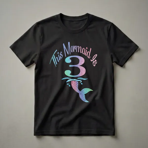 Black t-shirt featuring a watercolor graphic with the text 'This Mermaid Is 3' and a colorful mermaid tail emerging from blue waves.
