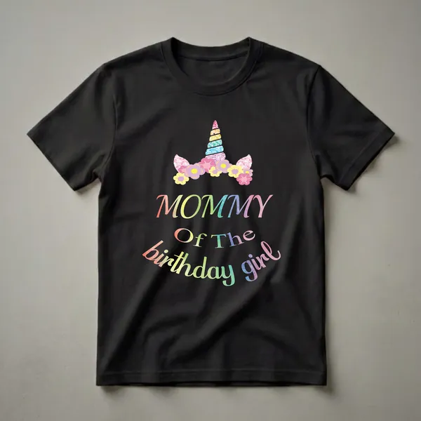 Black t-shirt with a rainbow glitter unicorn horn, pastel flowers, and rainbow watercolor text that reads 'MOMMY Of The birthday girl'.