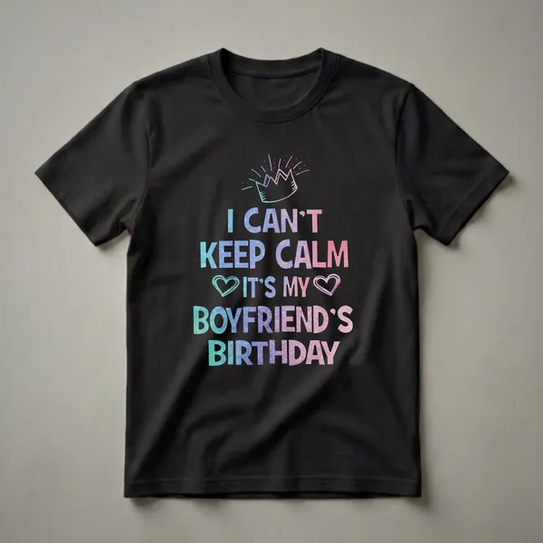 Black t-shirt with colorful watercolor text that reads 'I Can't Keep Calm It's My Boyfriend's Birthday' and a small crown graphic above.