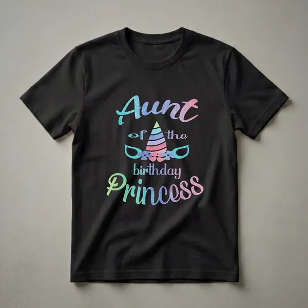 Black t-shirt with the text 'Aunt of the Birthday Princess' in watercolor-style font, featuring a unicorn horn with pastel stripes and floral accents.