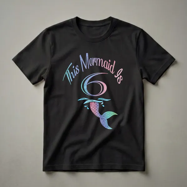Black t-shirt featuring a watercolor graphic with the text 'This Mermaid Is 6' and a colorful mermaid tail splashing in water.