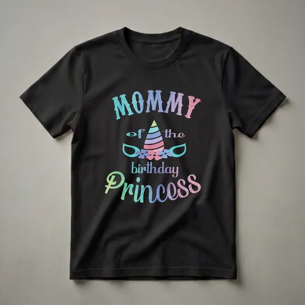 Black t-shirt with colorful text reading 'Mommy of the Birthday Princess' and a unicorn horn with floral accents.