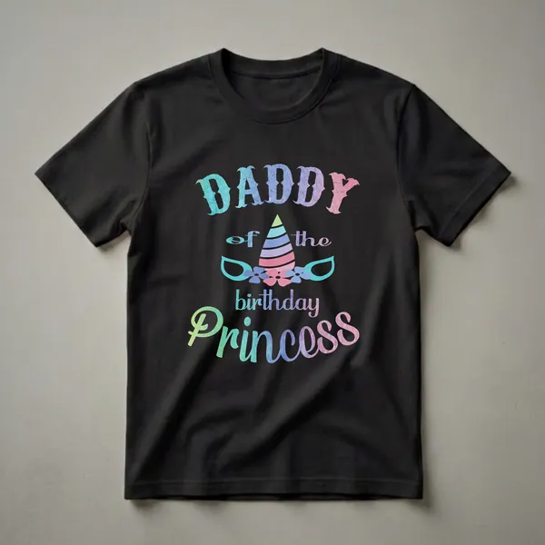 Daddy Of The Birthday Princess Unicorn T-Shirt with watercolor text, a unicorn horn, and flowers.
