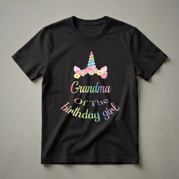 Black t-shirt featuring a rainbow glitter unicorn horn, a floral crown, and the text "Grandma Of The Birthday Girl" in rainbow watercolor font.
