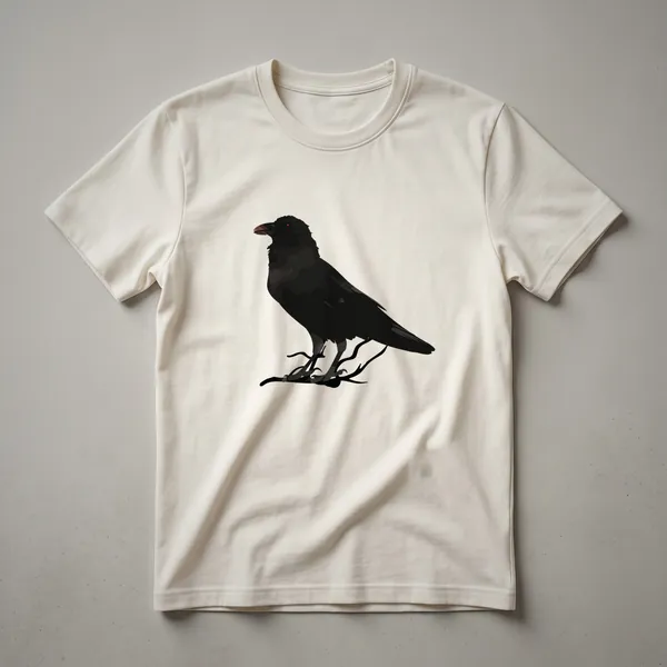 White t-shirt with a detailed realistic black crow perched on a branch, facing left, with a single red eye visible and clawed feet gripping the branch.