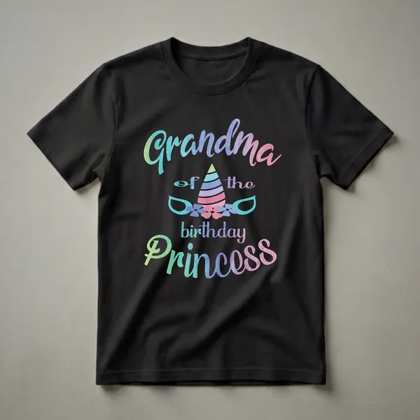Black t-shirt with colorful watercolor text reading 'Grandma of the Birthday Princess' and a unicorn horn with a floral crown.