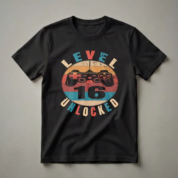 Black t-shirt with a graphic design featuring a vintage video game controller, the number 16, and the words 'LEVEL' and 'UNLOCKED' in a distressed, retro style.