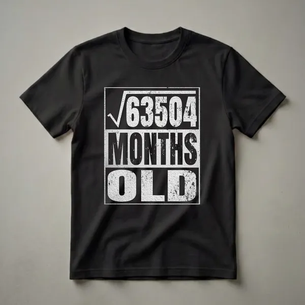 Black t-shirt with a distressed graphic design. The graphic features a square root symbol over the number 63504, followed by the words 'MONTHS OLD' in large, bold, distressed white lettering.