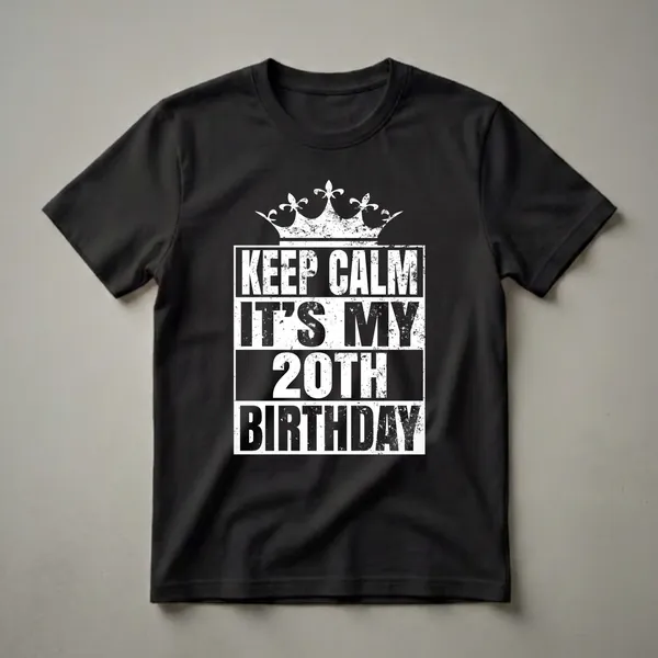 Black t-shirt with distressed white text that reads 'KEEP CALM IT'S MY 20TH BIRTHDAY' and a distressed white crown graphic above the text.