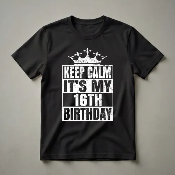 Black t-shirt with distressed white text that reads 'KEEP CALM IT'S MY 16TH BIRTHDAY' and a distressed white crown graphic above.