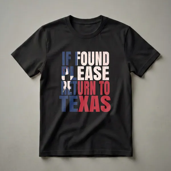 Black t-shirt with the phrase "IF FOUND PLEASE RETURN TO TEXAS" in large, distressed letters filled with the colors and textures of the Texas flag.