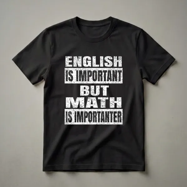 Black t-shirt with white distressed text that reads 'ENGLISH IS IMPORTANT BUT MATH IS IMPORTANTER'.