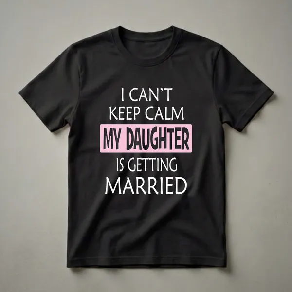 Black t-shirt with white text that reads "I CAN'T KEEP CALM" and "IS GETTING MARRIED", with "MY DAUGHTER" in large black letters inside a pink rectangle.
