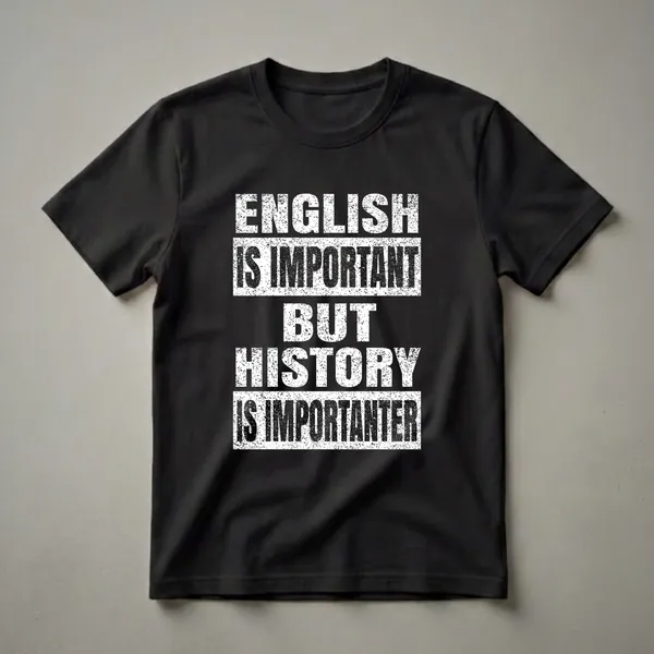 Black t-shirt with distressed white text that reads 'ENGLISH IS IMPORTANT BUT HISTORY IS IMPORTANTER'.