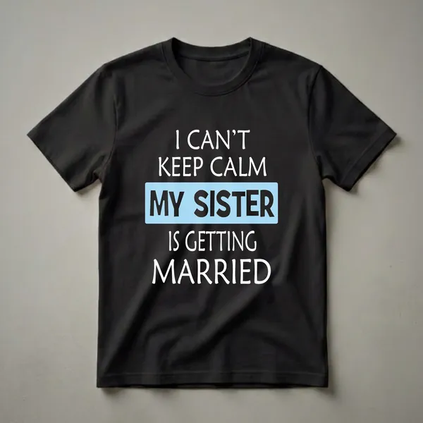 Black t-shirt with white text that reads 'I CAN'T KEEP CALM' and 'IS GETTING MARRIED', with 'MY SISTER' in bold black text on a light blue background.