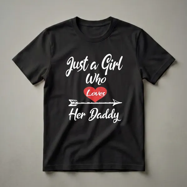Black t-shirt with white text that reads 'Just a Girl Who Loves Her Daddy', a red distressed heart, and a white arrow.
