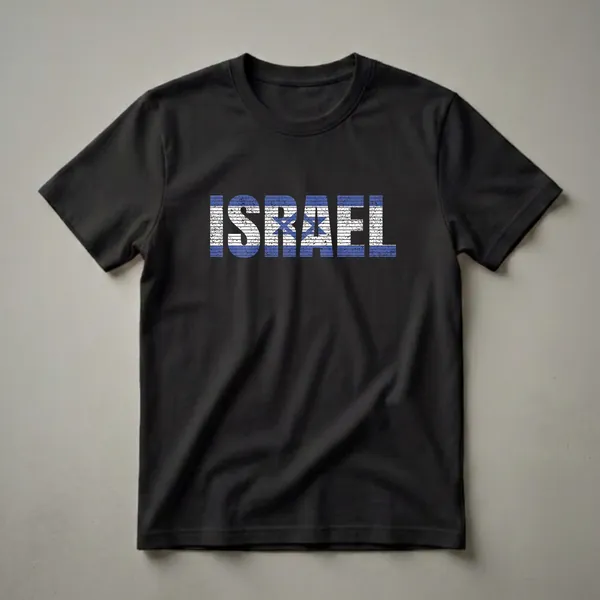 Black t-shirt with the word ISRAEL in distressed letters filled with the Israeli flag pattern and a blue Star of David.
